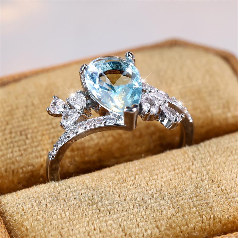

Модное серебристое кольцо Bi Tear Drop Aqua Blue с камнем, роскошное обручальное кольцо Love, винтажные свадебные кольца с каплями воды 7 цвет морской волны