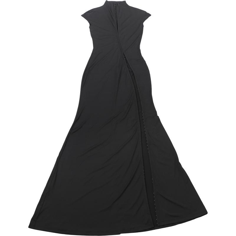 New Autumn/Winter Women's Fashion High Slit Stand Collar Hollow Out Slim Fit Dress