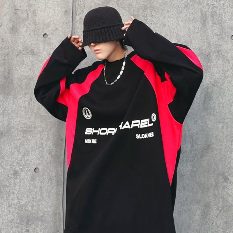 

2023 Модная американская ретро-гоночная толстовка: Мужская куртка без капюшона с круглым воротником и длинными рукавами на весну и осень 2XL красный/чёрный