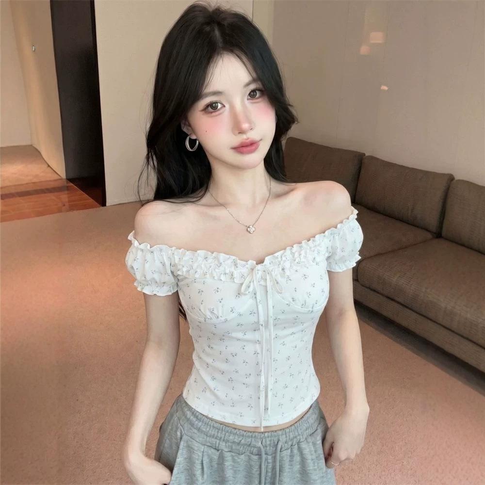 French white one-word neck floral lace-up bubble sleeve T-shirt women's summer niche slim-fit beautiful sweet sister top