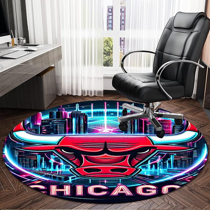 1PC Chicago Neon Cityscape Round Rug, Non-slip Chair Mat, Home Decor, Circle Carpet Perfect for Office, Bedroom, Living Room,Christmas Gift