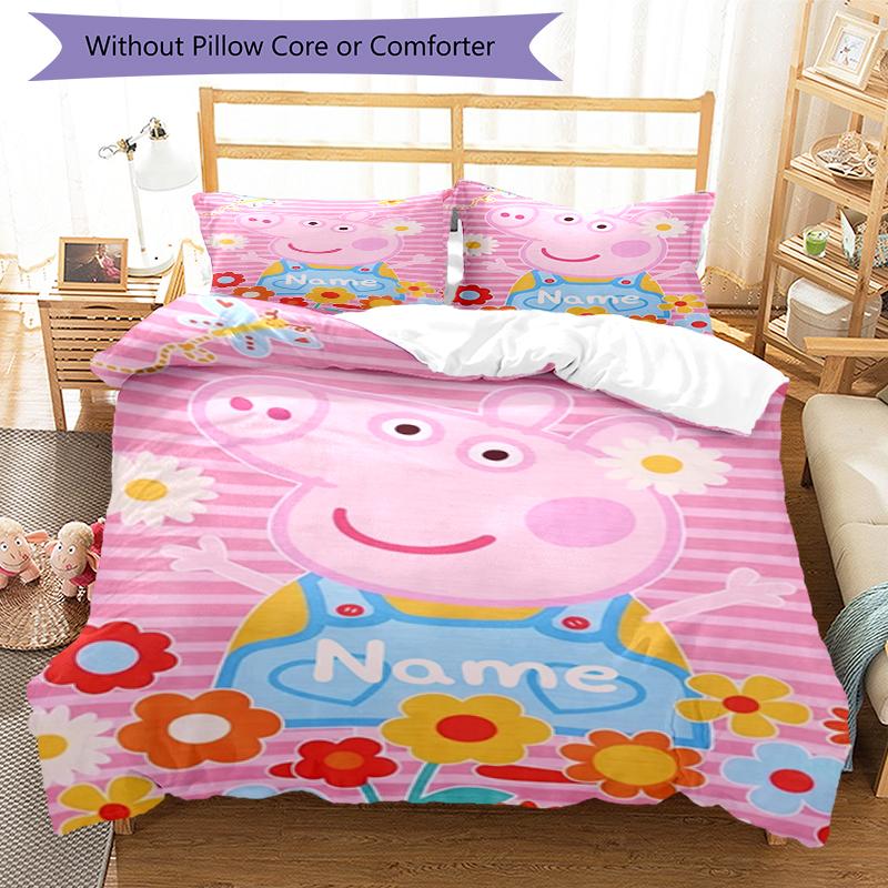 3Pcs Custom Name Peppa Pig Bedding Set Duvet Cover Closure Includes 1Duvet Cover 2Pillowcases Soft And Comfortable For All Seasons