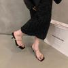 Casual fashion high heel one-word with sandals women's summer new wear square head thin heel rhinestone one-word drag