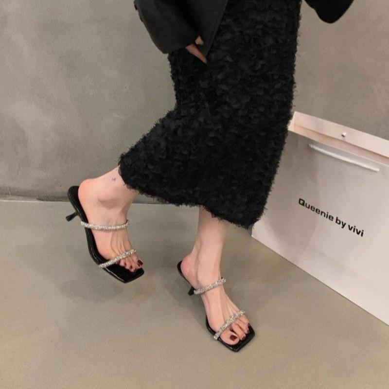 Casual fashion high heel one-word with sandals women's summer new wear square head thin heel rhinestone one-word drag