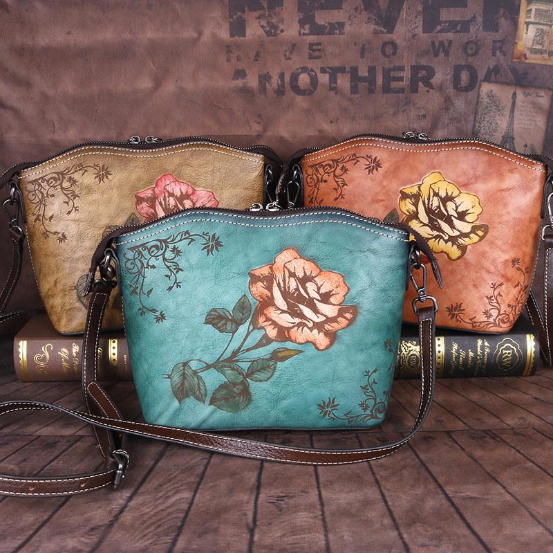 Vintage design Tašky přes rameno s květinovým vzorem z pravé kůže Crossbody kabelka pro ženy Dámská růžová kabelka