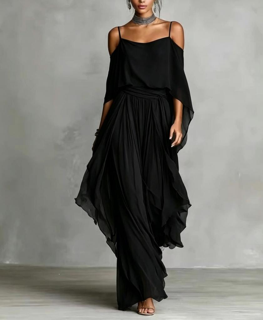 Dames Spaghetti Bandjes Koude Schouders Chiffon Tweedeel Outfit Gerimpelde Top Wijde Pijpen Broek Elegante Vakantie Combinatie Set