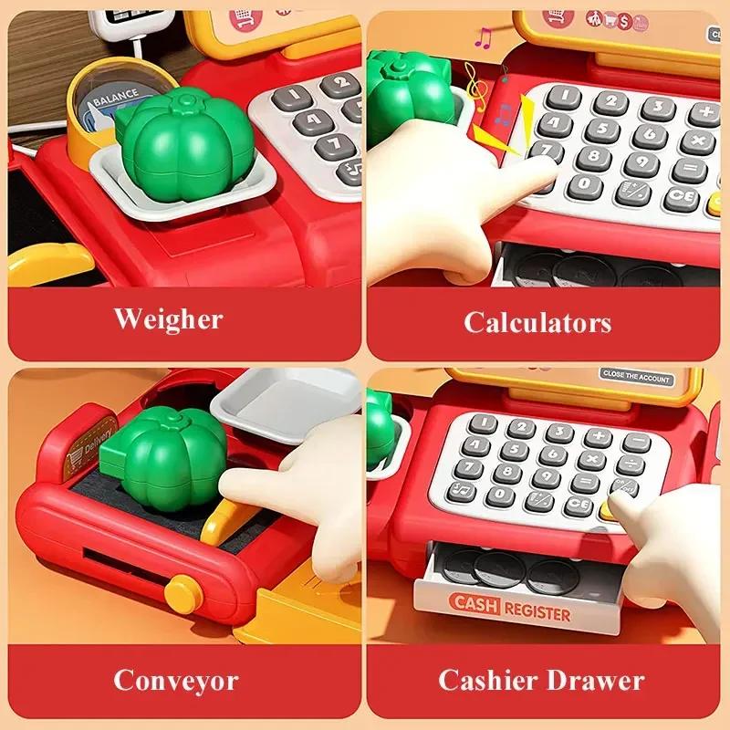 Non-Toxic 36-63Pcs Pretend Play Calculator Cash Register Toy Supermarket Shop Cashier Registers With Scanner Shopping Toys Gifts For Kids