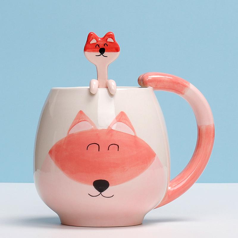 Hand-Painted Ceramic Coffee Cup Set Cartoon Panda Frog Cat Fox Pig Designs Couple's Matching Mugs with Teaspoons Kids Drinking