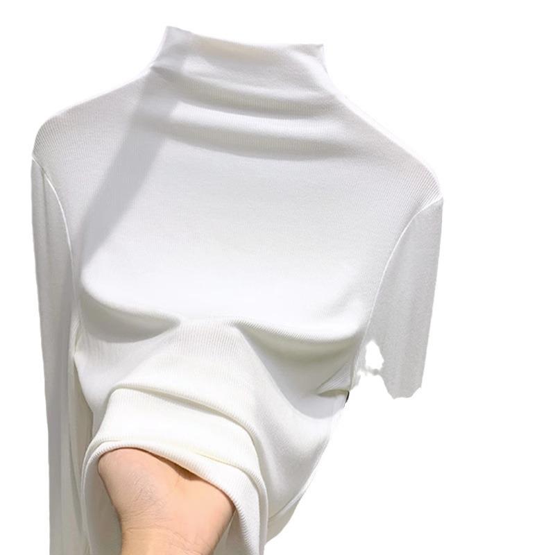 For Autumn and Winter, Women Can Wear A Semi-high-neck Solid-color Base Layer and A Long-sleeved T-shirt Over It for A Slimming Look