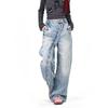 Large size American retro washed diagonal placket button jeans men's and women's design casual floor pants blue