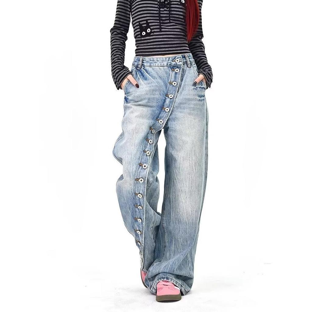 Large size American retro washed diagonal placket button jeans men's and women's design casual floor pants blue