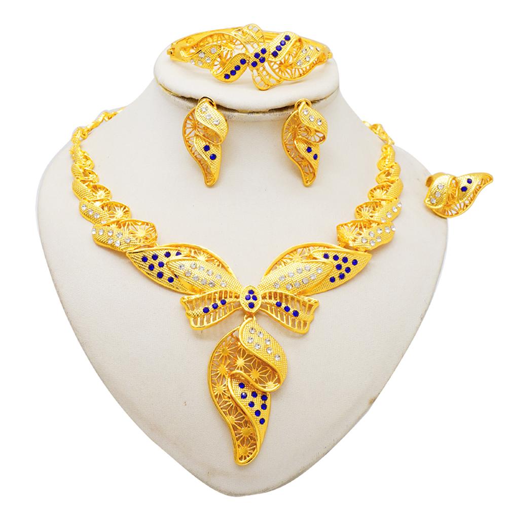 Nigeria Dubai Gold Color Exquisite Luxury Jewelry Set African Wedding Gift Party Ladies Bracelet Necklace Earrings Ring Set