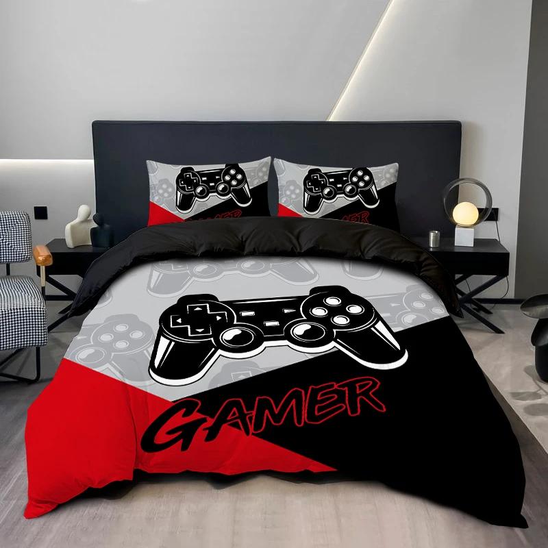 3PC Splicing Game Console Bedding Cover Red Black Blue Black 100%Polyester 1duvet Cover 2Pillowcases Digital Printing No Padding
