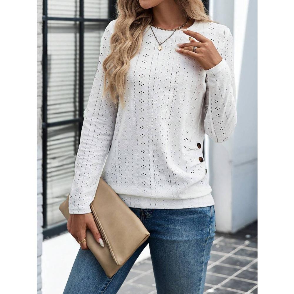 Tricou cu mânecă lungă și gât rotund, cu nasturi decorativi, la modă și versatil, casual pentru navetă.