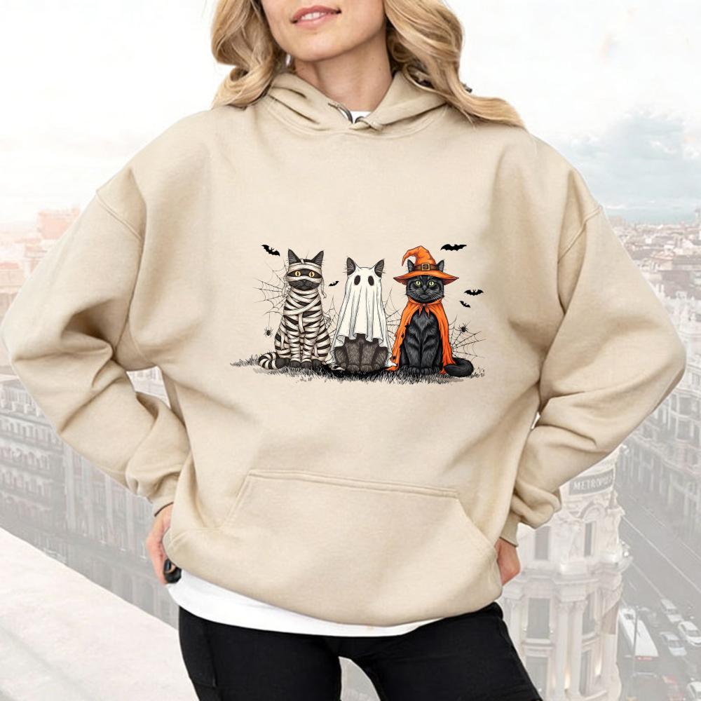 Halloween Costume Cat Women Hoodie Unisex Trendy Outerwear Mummy Ghost Witch Feline Bat Web Accents Casual Fashion Autumn Pullovers