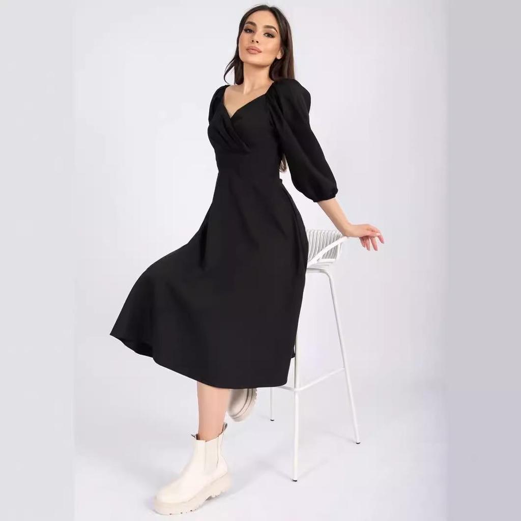 Spring V-Neck Waist-Cinching Puff Sleeve Dress with Pockets for Women