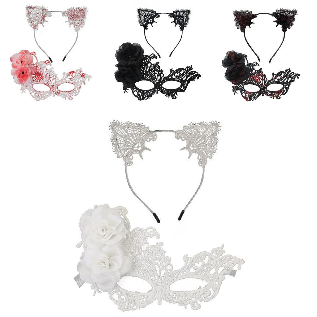 Anna Princess Lace Mask Set With Cat Ear Headband For Halloween And Costumes