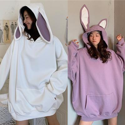 Neue Mode frauen Mit Kapuze Pullover Casual Kaninchen Lange Ärmel Einfarbig Lose Tops Hoodies Mantel