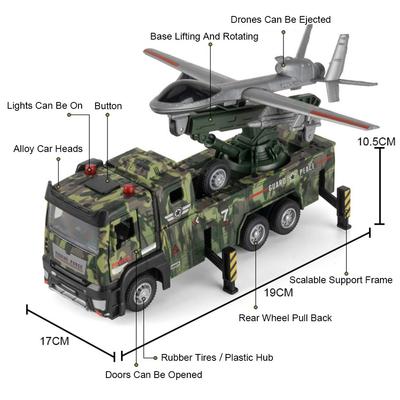 1:32 Missile Rocket Launcher Truck Drone Launch Car Model Toy Military Vehicle Sound Light Pull Back Models Kids Presents