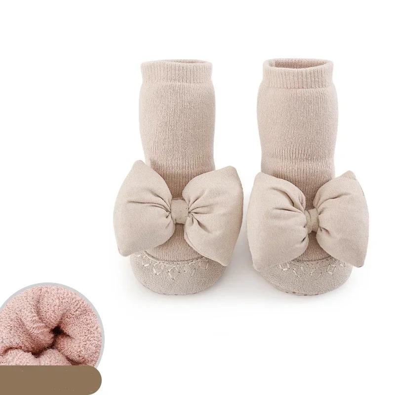 Новые носочки-ботиночки для новорожденных Корейская мода Бантик Нескользящие Напольные Носочки-ботиночки для девочки Осень Зима Хлопок Первые шаги S(0-6 Month)