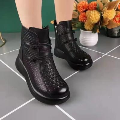 Botas de Moda de Solado Grosso para Inverno para Mulheres, Sapatos Retro Tipo Mãe com Botas de Algodão Quente e Pelúcia, Sapatos Femininos com Bico Redondo, Solado Macio e Antiderrapante