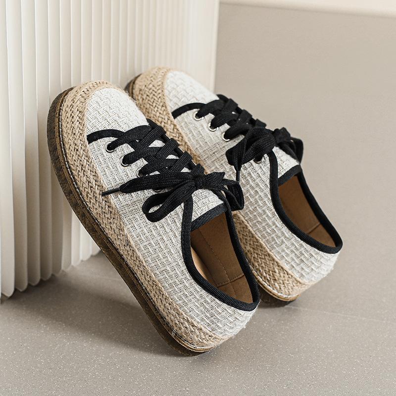 Fashion round toe sequines cloth flats women straw espadrilles shoes ladies lace up platform fisherman shoes woman moccasins big size 43