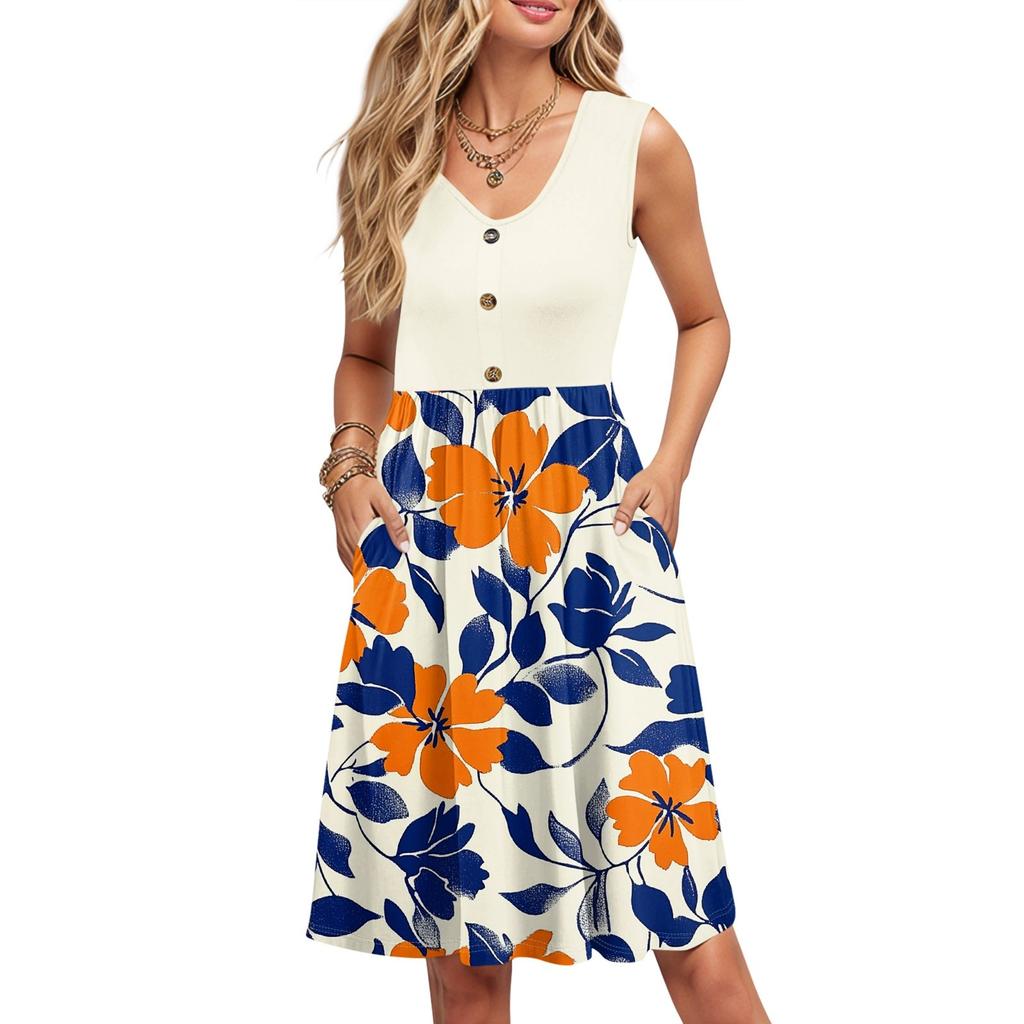 Women Summer Printing Dresses Sleeveless Casual Loose Swing Button Down Midi Sundress With Pockets