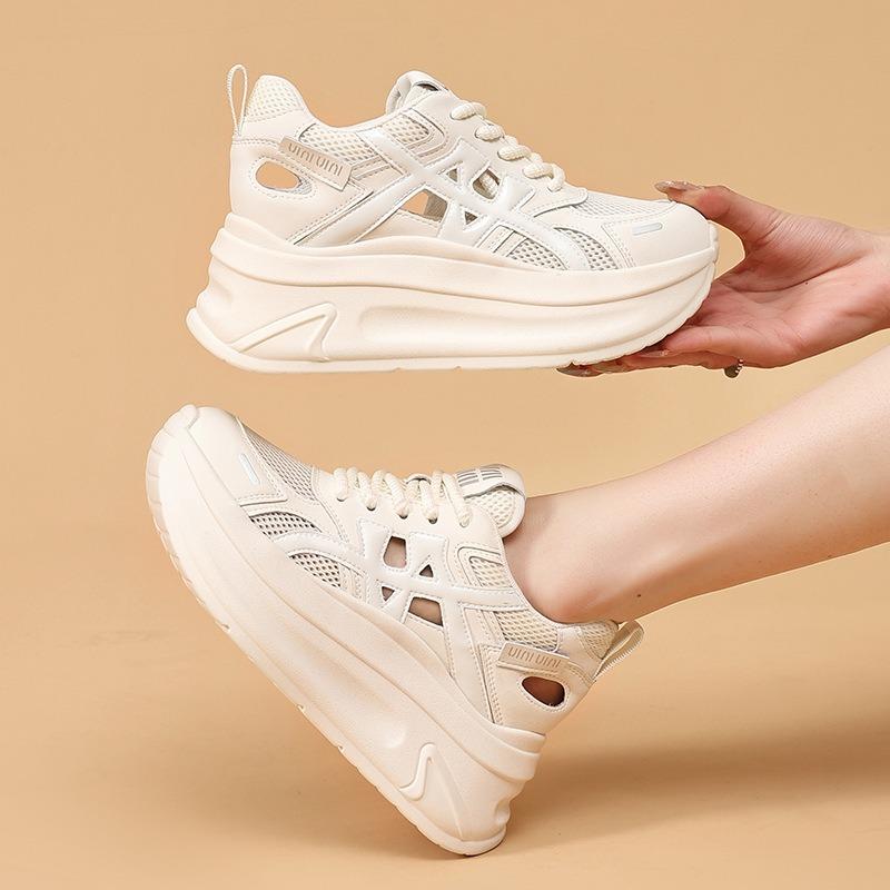 Summer new inner height cutout casual platform student shoes, lace-up color-blocking mesh shoes, small single shoes, women's shoes
