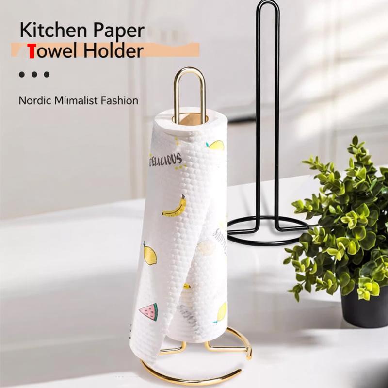 1Pc Stainless Steel Roll Paper Towel Holder Gold Color One-Handed Tear Vertical Napkins Rack Free Standing Tissue Stand Kitchen