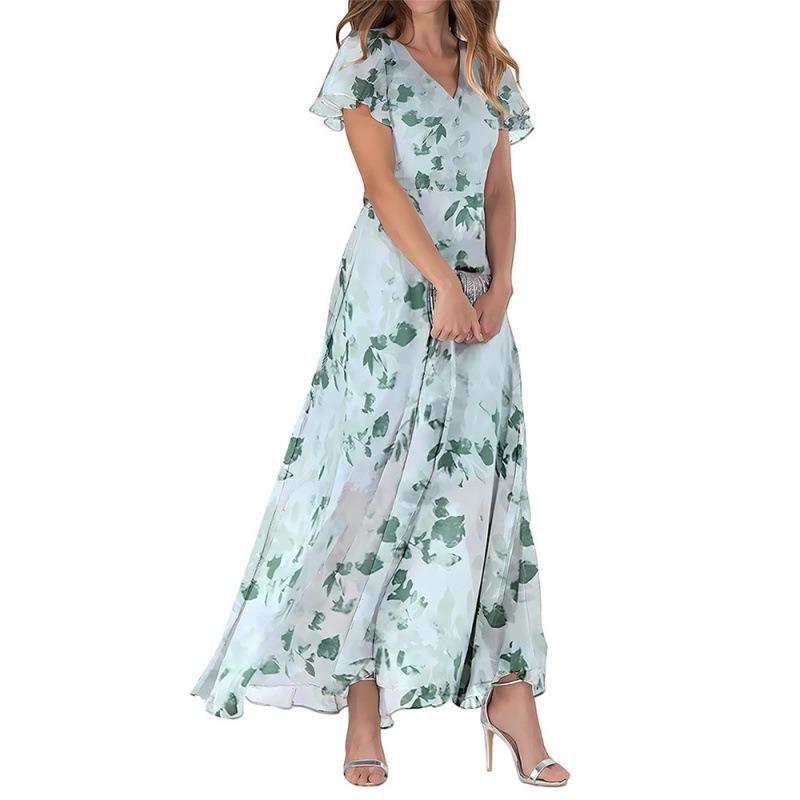 Summer long dress V-neck short-sleeved printed chiffon dress elegant temperament style