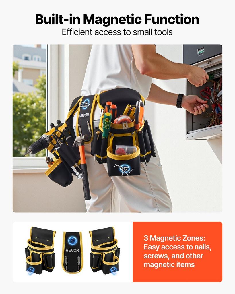 Tool Belt, Magnetic Tool Pouch for Men, 28 Pockets Heavy Duty Adjustable Utility Belt Detachable Bag for Electrician, Carpenter, Construction, Work
