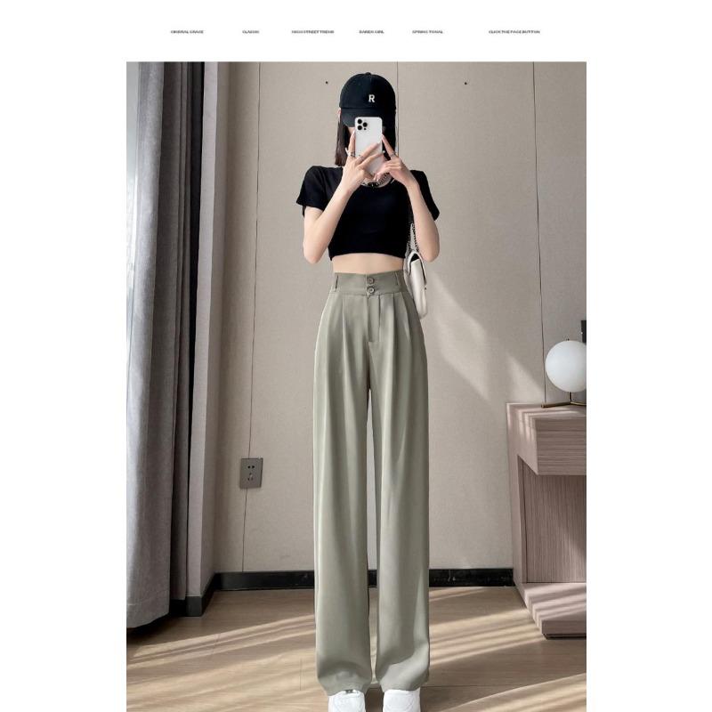 Narrow Ice Silk Wide-leg Pants for Women s Summer, Thin High-waisted, Slimming Black Casual Suit Straight-leg Pants S