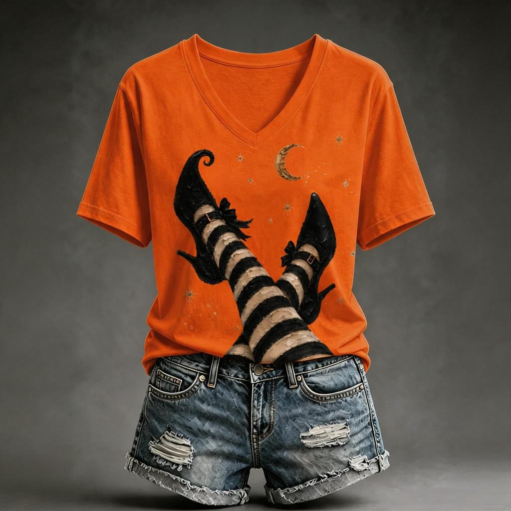 Women's Halloween Printed V-Neck Short Sleeve T-Shirt Casual Top