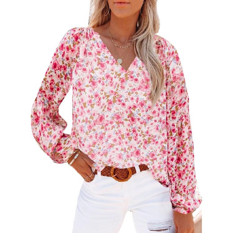 2026 New Spring and Autumn Women's V-neck Chiffon Top Lantern Sleeve Floral Casual T-shirt
