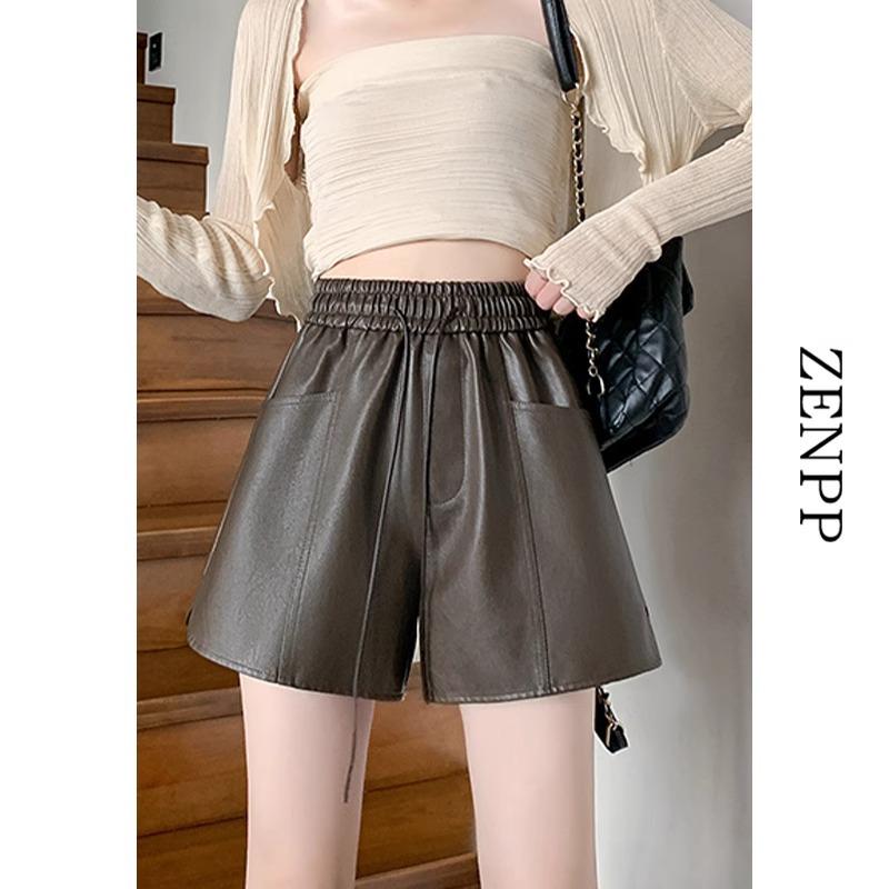 

2024 Шорты из ПУ-кожи с высокой посадкой для женщин – Приталенные, с широкими штанинами, черные, универсальная повседневная одежда на весну/осень 4XL кофейный