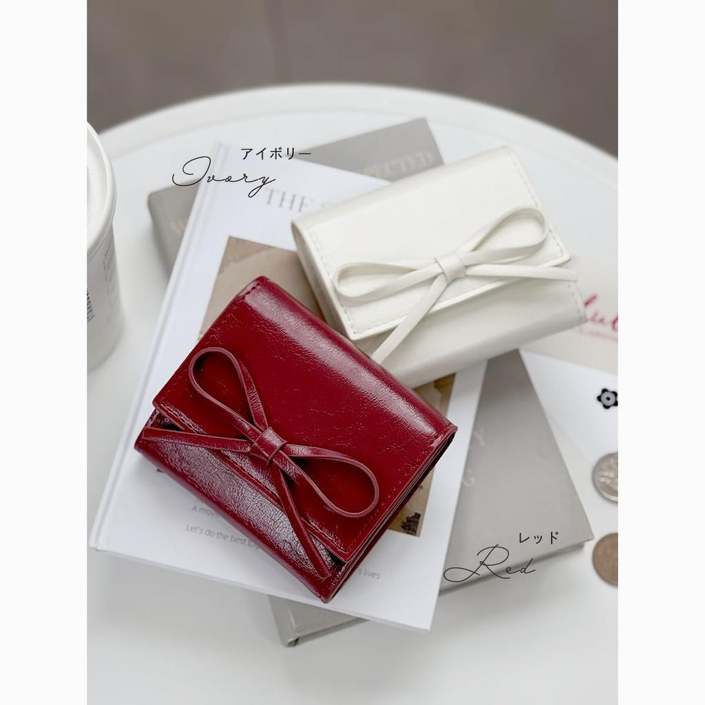 Gisele Tri-fold Wallet, Mini Wallet, Compact, Large Capacity, Easy To Use, Ribbon, L-Shaped, Card Case, Folding Wallet, Small, Women's (Red)