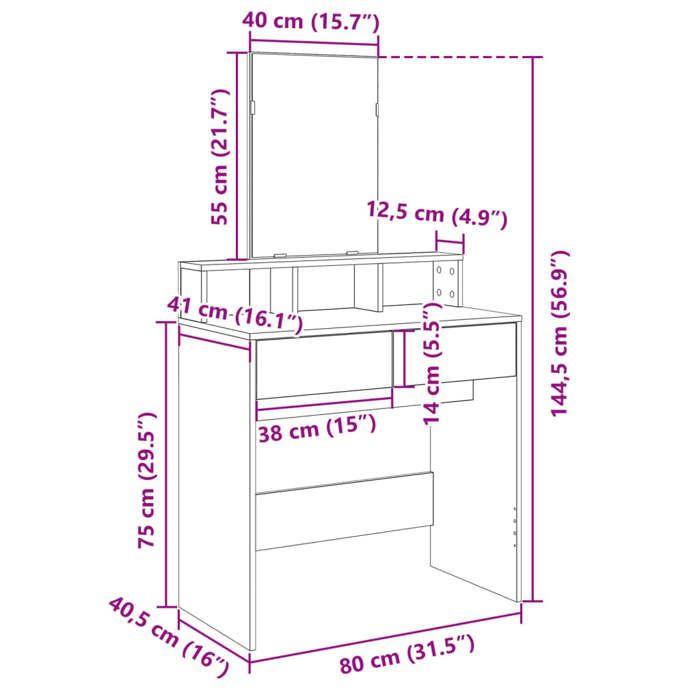 VidaXL Coiffeuse avec miroir sonoma gris 80x41x144,5 cm, table de maquillage, coiffeuse de chambre à coucher, coiffeuse avec 848176