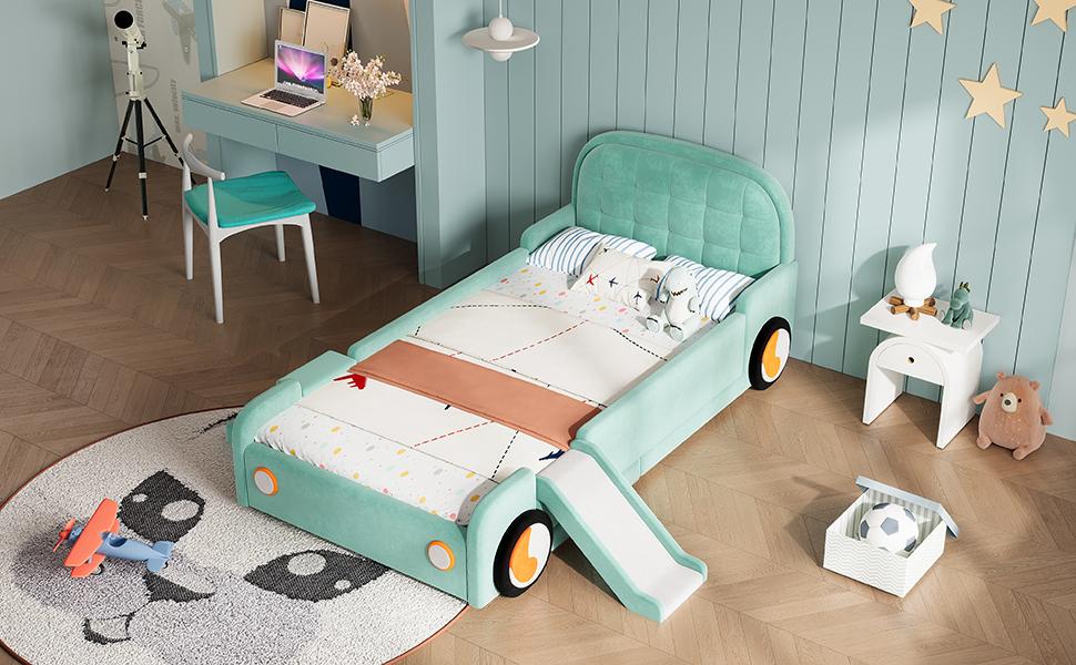 Bett, Autofahrerbett mit Rutsche und Treppe, Links/Rechts montierbar, Polsterbett in Petrol, Spielbett mit Absturzsicherung für Kinderzimmer, 90x200 cm