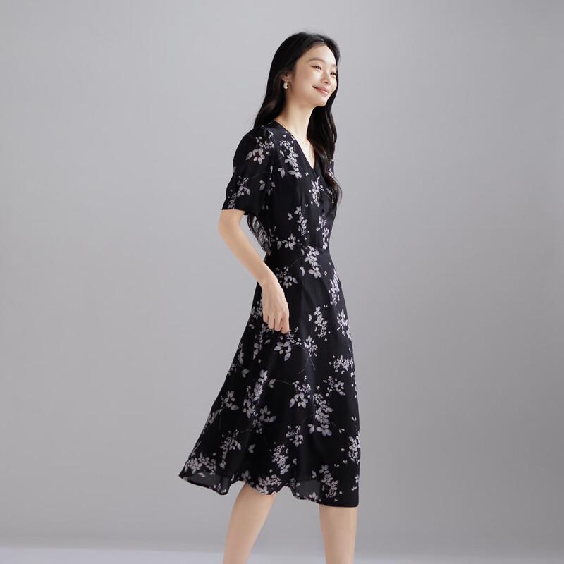 SOFSIL 2026 Summer Mulberry Silk Floral V-Neck Midi Dress M