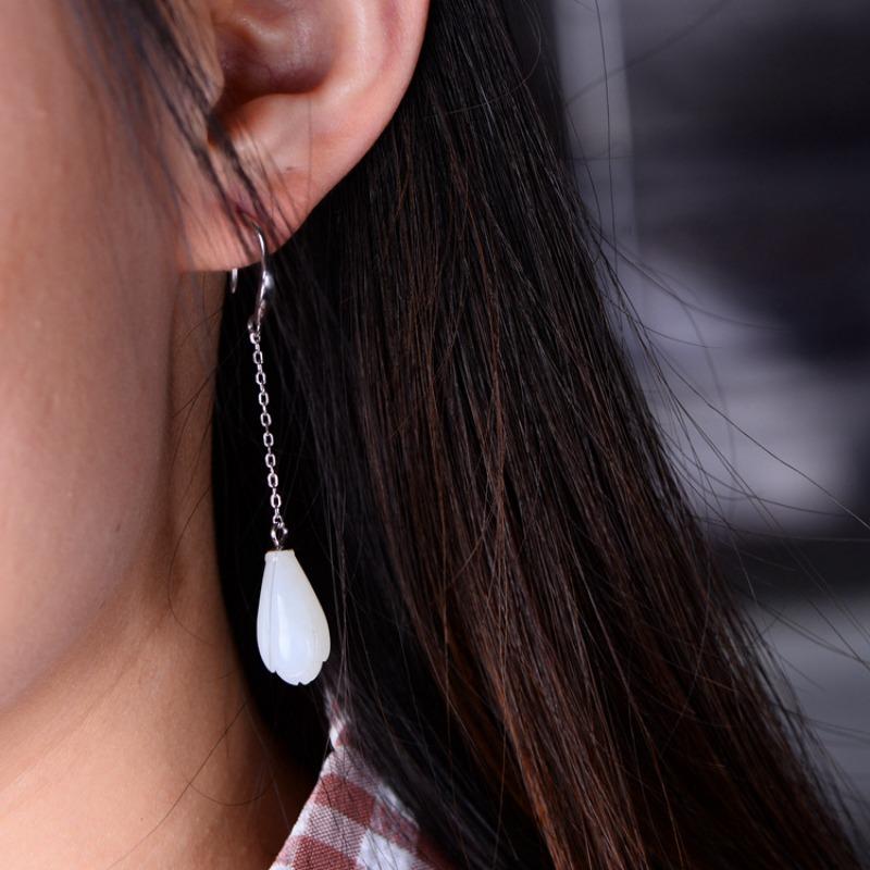 New Arrival In Natural Hotan White Yulan Flower Earrings Fresh Basic Simple Style Long Earings Banquet For Women Jewelry Souvenir GiftFlower Jewelry