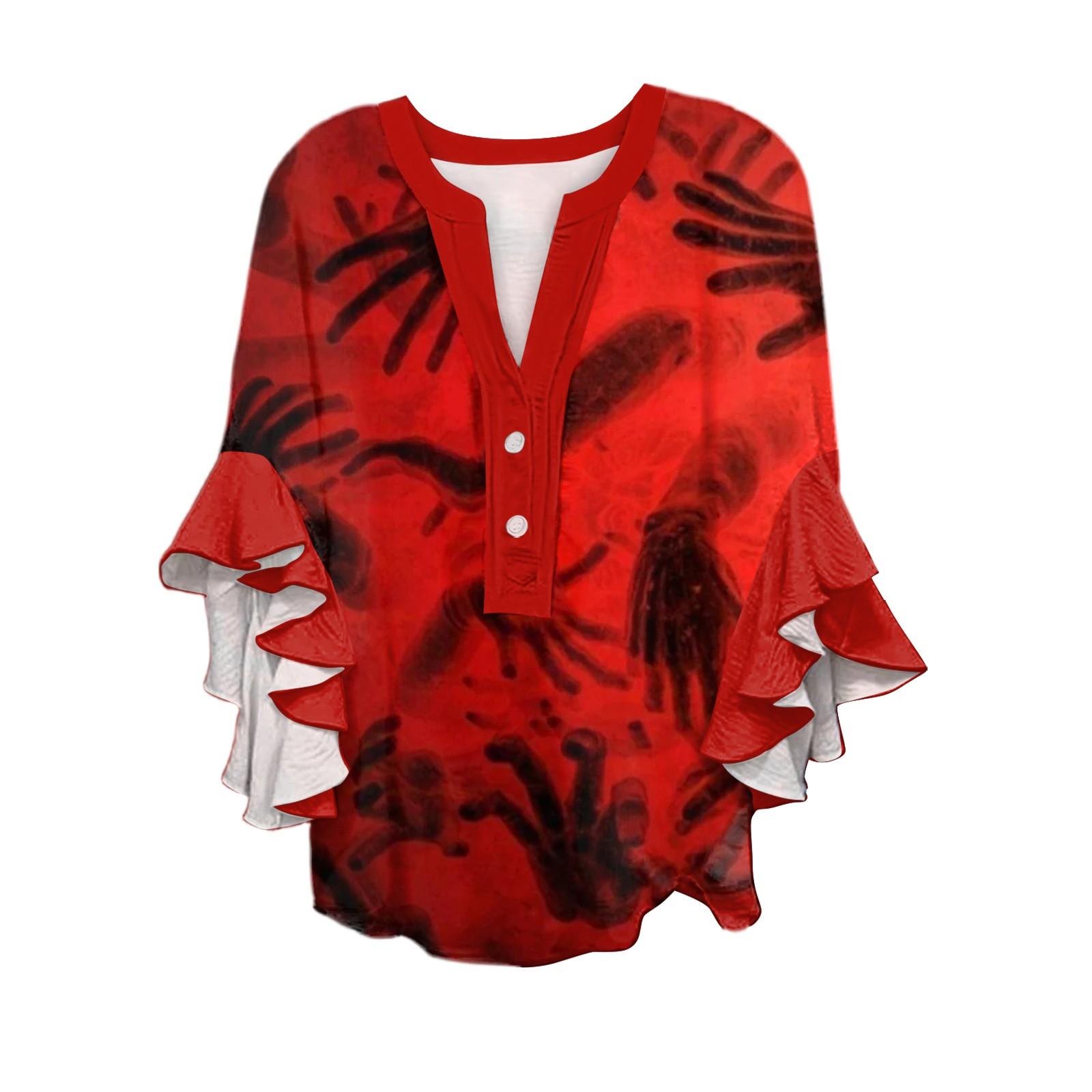 

Women s V-neck Seven Quarter Sleeved Shirt Halloween Printed Top Casual Shirt L