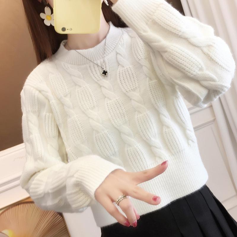 Korean Style Sweet Cable Knit Women's Slim Pullover Sweater - Autumn Winter Short Round Neck Base Layer Knitwear.