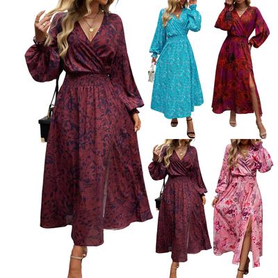 Women's Dress Casual V-neck High-waisted Vintage Floral Print Long-sleeved Dress