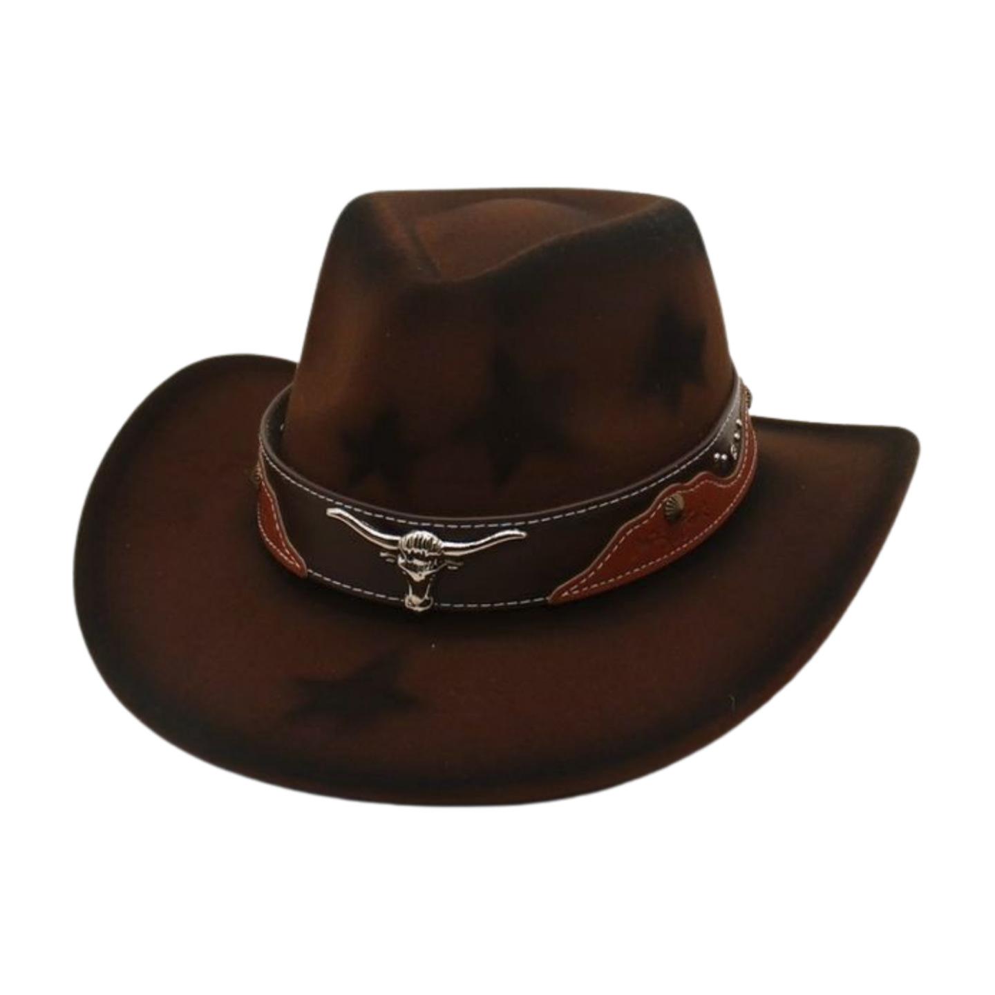 

Amazon Hot Top Hat Ethnic Style Cow Label Western Cowboy Top Hat Rolled Brim Retro Riding Hat Woolen Felt Hat One size fits all [m peach five star]