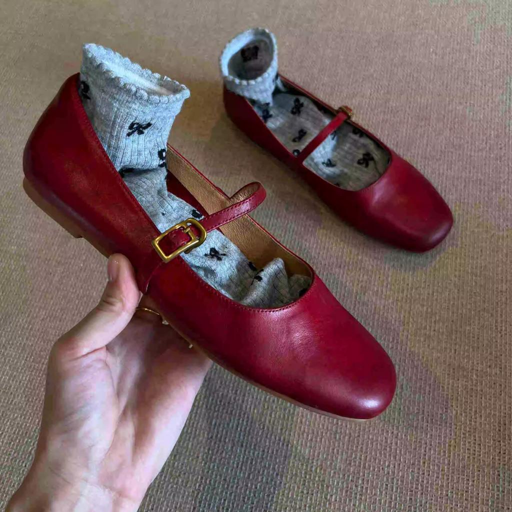 Blue Cabinet~ Korean-style Daughter Gold Retro Style Round Head One-word Buckle Red Ballet Mary Jane Shoes Commuter Flat Shoes