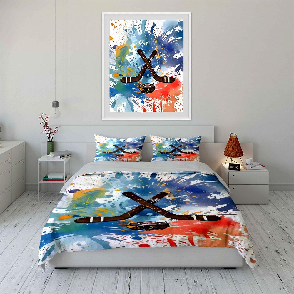 Color Splashes With Hockey Gear Print Soft Comfortable Duvet Cover Bedding Set Included 1*Duvet Cover  2*Pillowcases