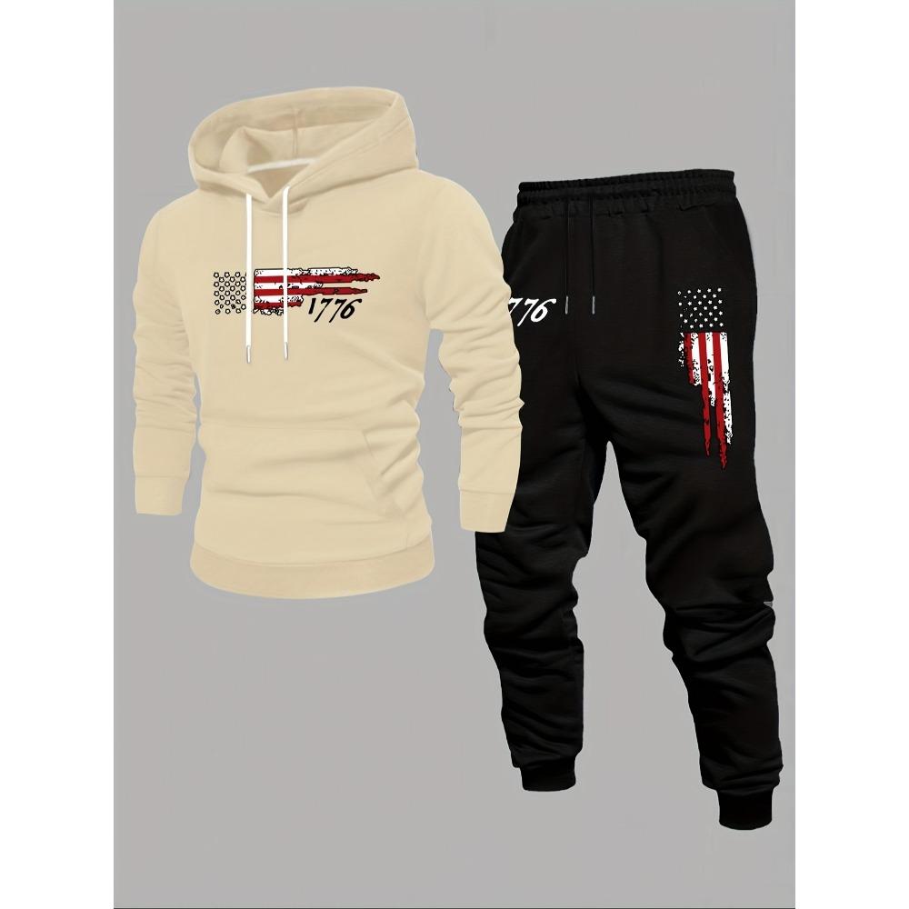 Men's Casual Two Piece Set with Flag Print Drawstring Pocket Hoodie and Drawstring Outdoor Casual Sports Pants