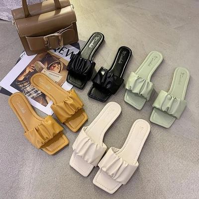 Fashion Woman Flat Slippers Summer 2024 New Stylish Pleated Sandals for Women Casual Flip Flops Pure Color Women's Shoes A043