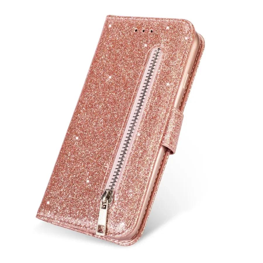 Wallet Bling Glitter Magnetic Flip Zipper Leather Case For Samsung Galaxy S24 FE S23 Ultra S22 Plus S21 S20 FE S10 20 10 9