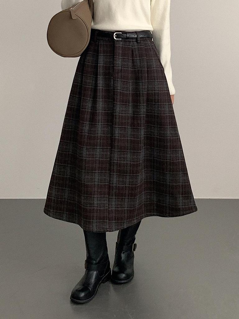 Ou Fan Retro Coffee Plaid Woolen Women's A-line Skirt, Autumn/Winter Slimming Long Skirt, Style 11071